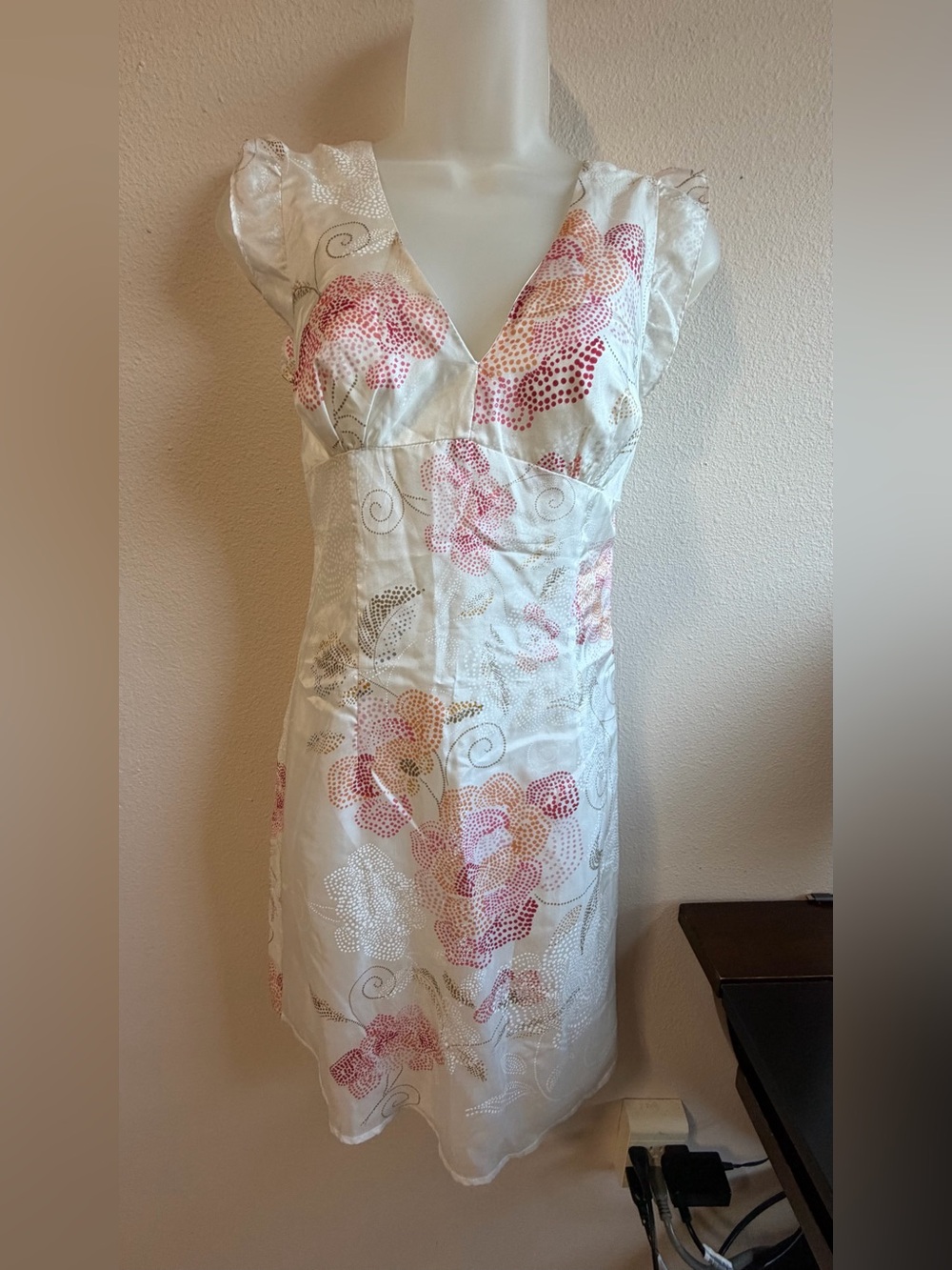 Rachel Mara 100% Silk Ivory Satin Floral Chemise with Pink & Gold Accents